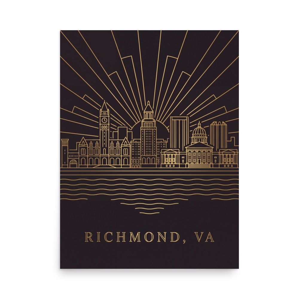 Richmond, VA Gold Skyline — Art Deco Matte Poster